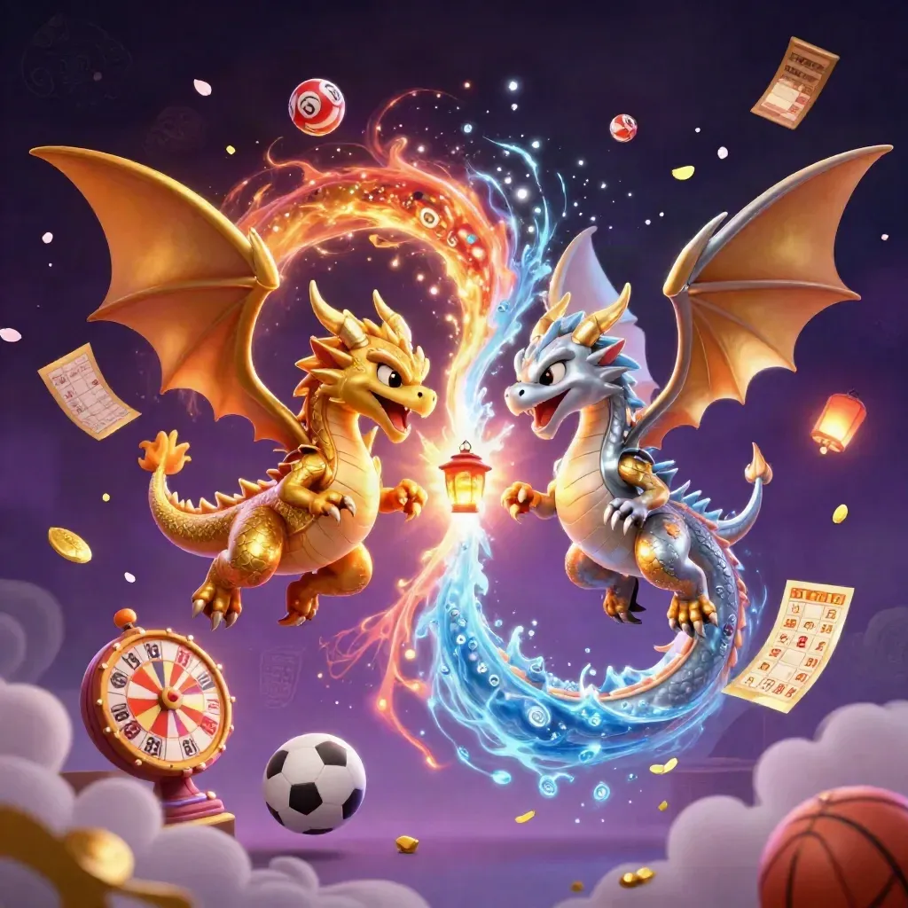 Gold and silver dragons swirl around lottery balls, bingo card, wheel, tickets, and sports props.