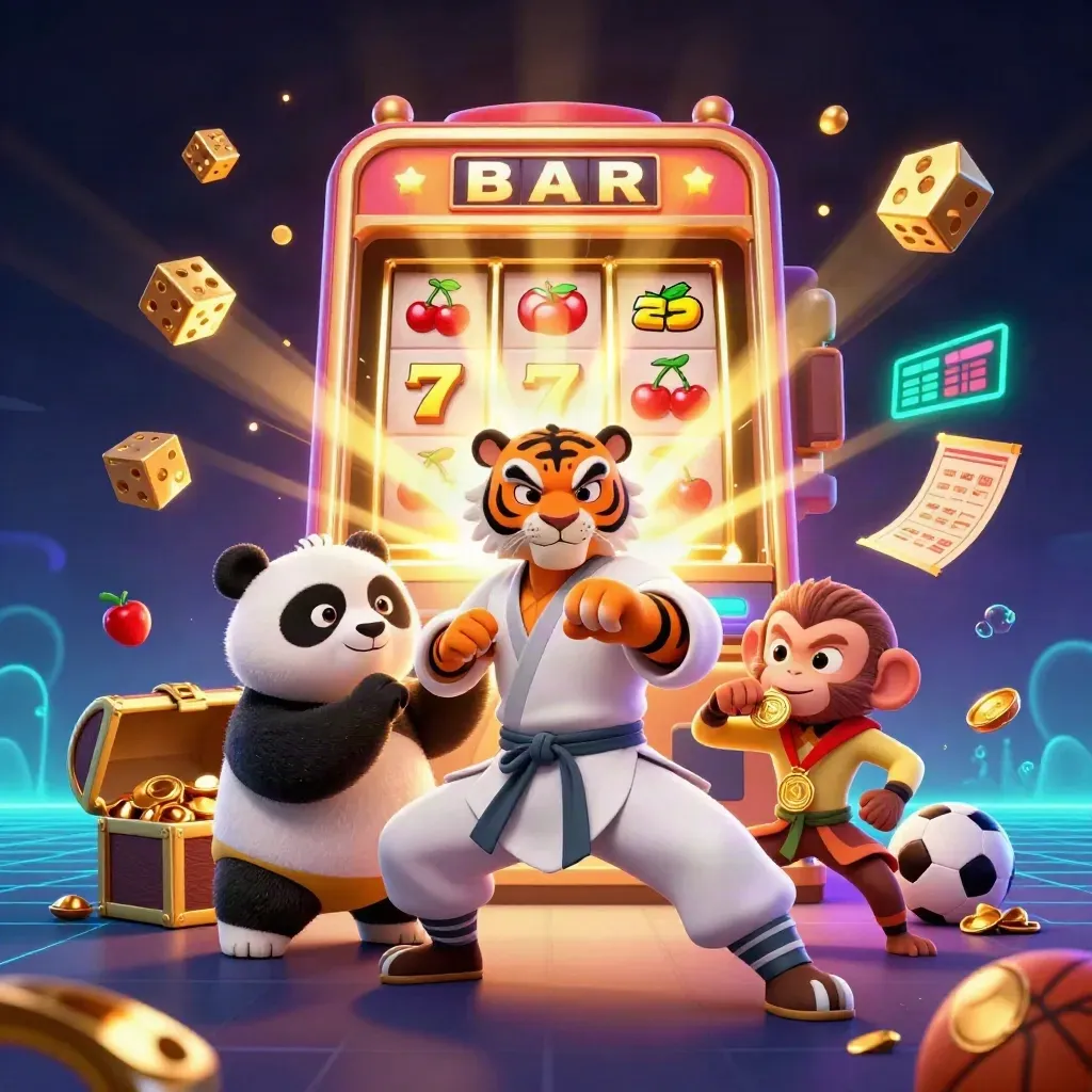 Kung-fu tiger, panda, and monkey amid slot bursts, gold, and neon casino energy