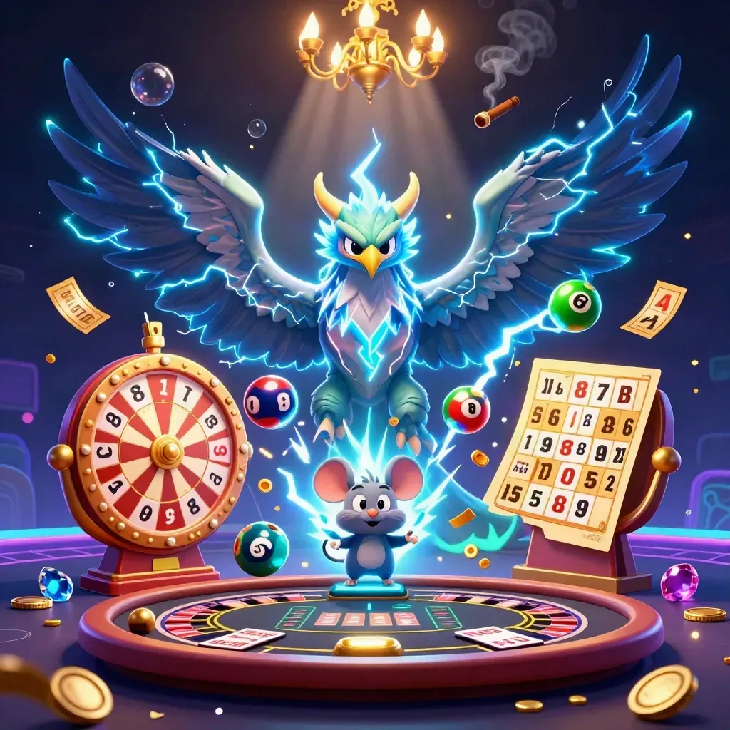Thunder dragon, wind hawk, and static mouse amid casino lights, coins, gems, and neon glow.