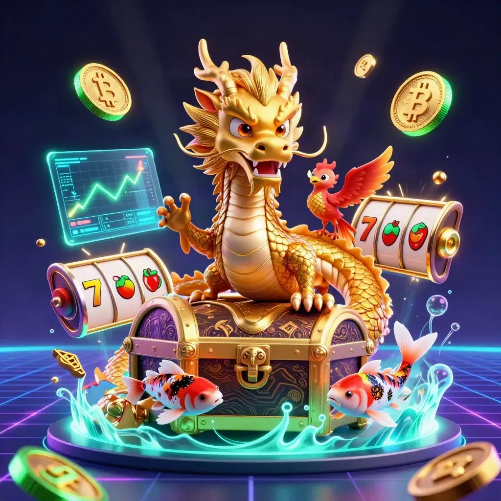 Golden dragon with phoenix and koi amid neon coins, lightning, and treasure on a dark casino grid.