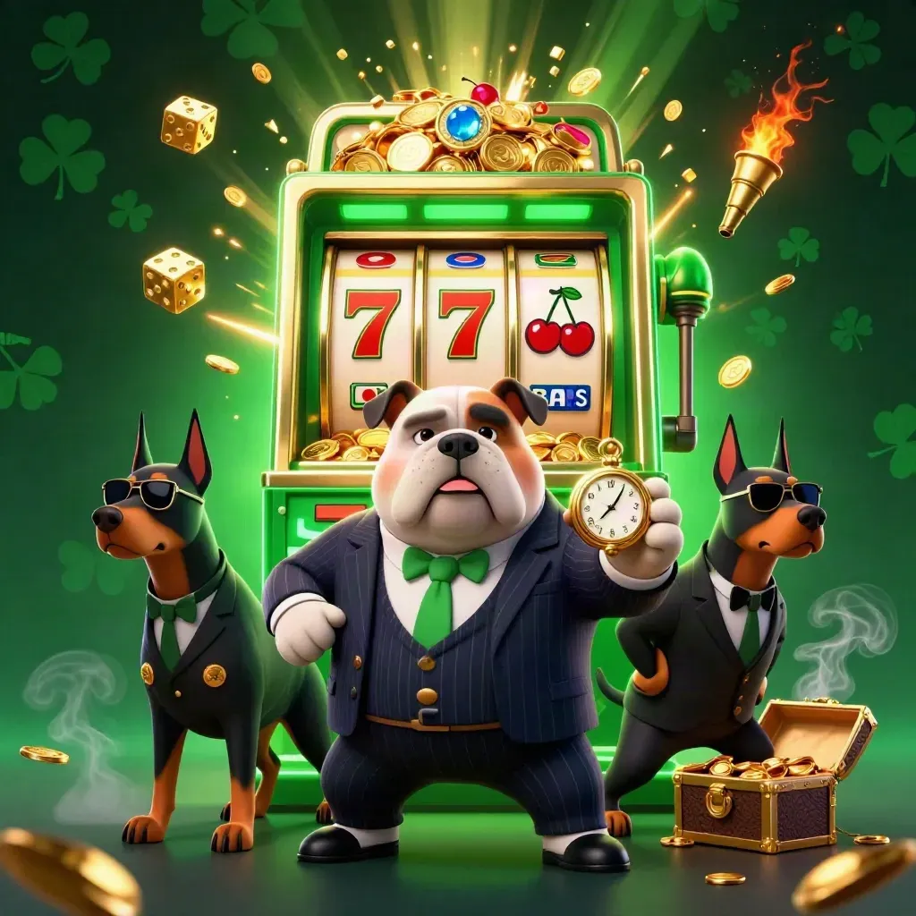 Bulldog mafia boss and two Dobermans amid exploding slot machine, gold, and neon green sparks.
