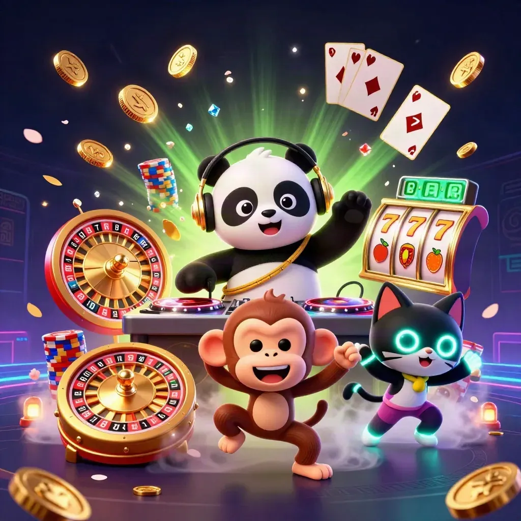 Panda DJ, dancing monkey, and rave kitten amid coins, gems, and casino glow