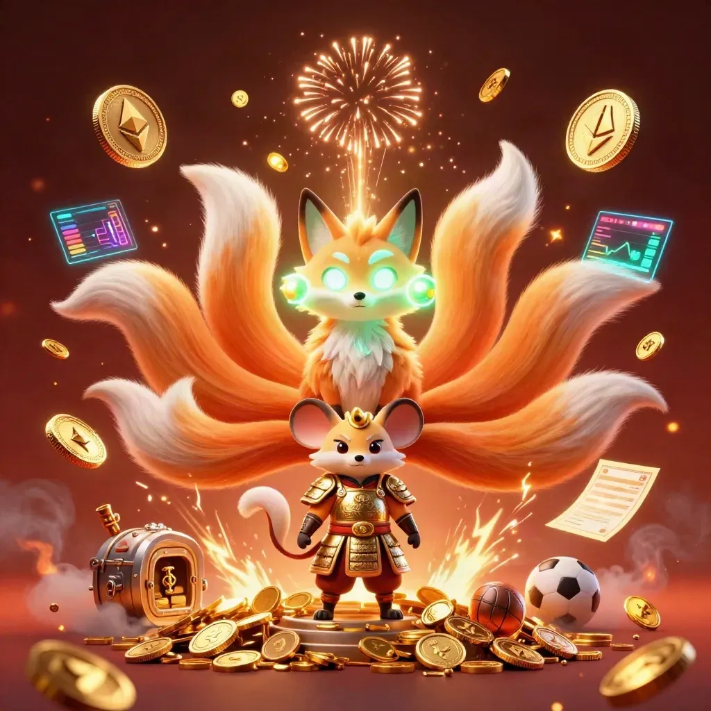 Neon fox spirit and golden samurai mouse amid coins, crypto tokens, sports props and fireworks