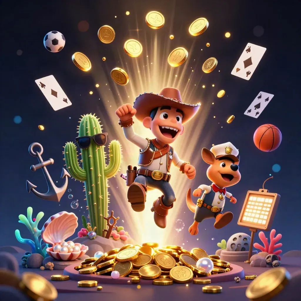 Cowboy T-Rex trio bursting from treasure cove with coins, coral, cards and casino glow