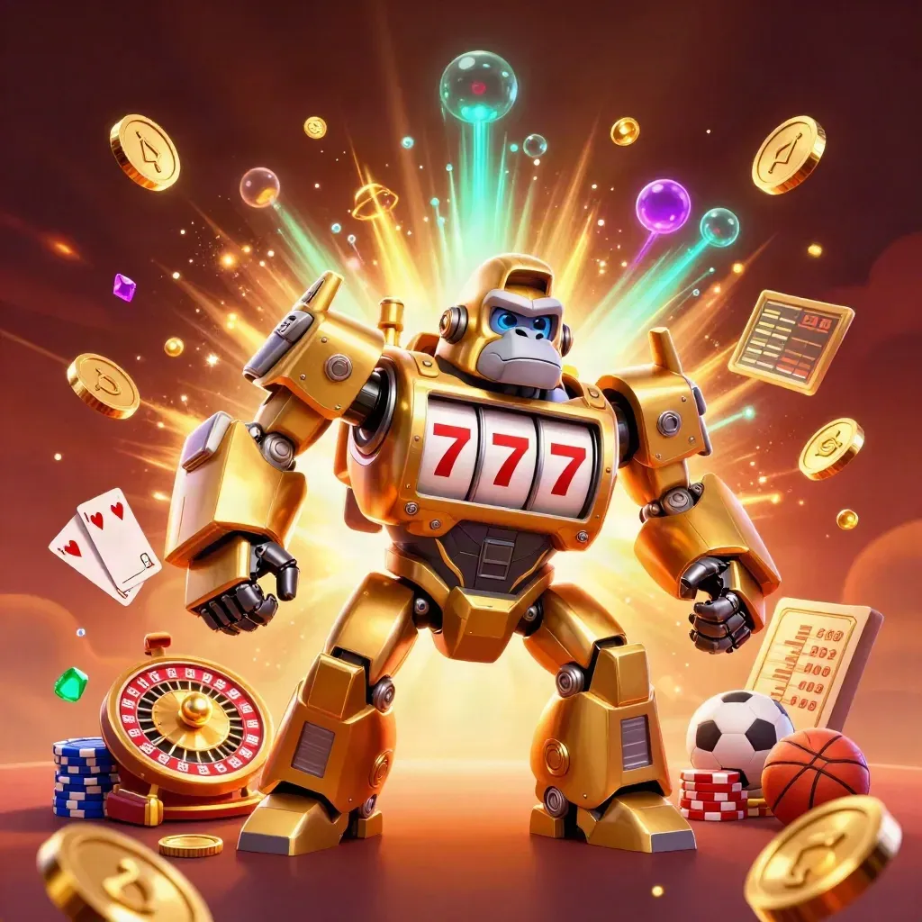 Golden gorilla mech and monkey pilot burst with coins, roulette, chips, and sports betting icons