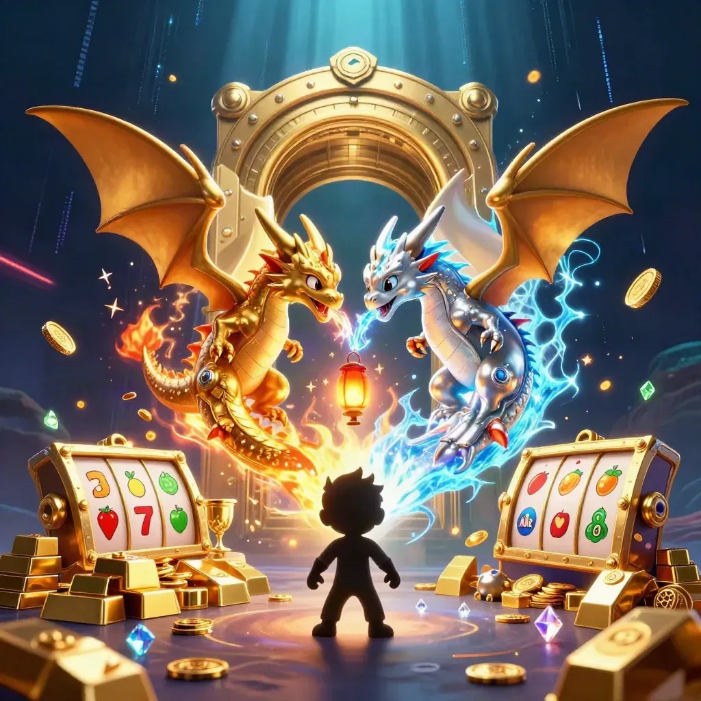 Twin gold and silver dragons spiral with treasure, vault light, slot symbols, and neon effects.