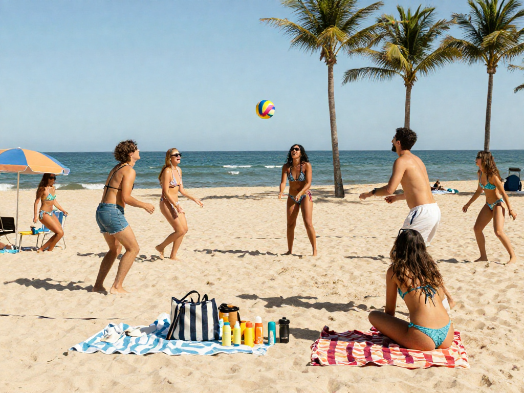 Group of friends playing beach volleyball in stylish BIKINISLOT, capturing summer fun.